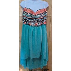 Tribal Print & Teal High-Low Chiffon Dress With Spaghetti Straps By Deb - Small